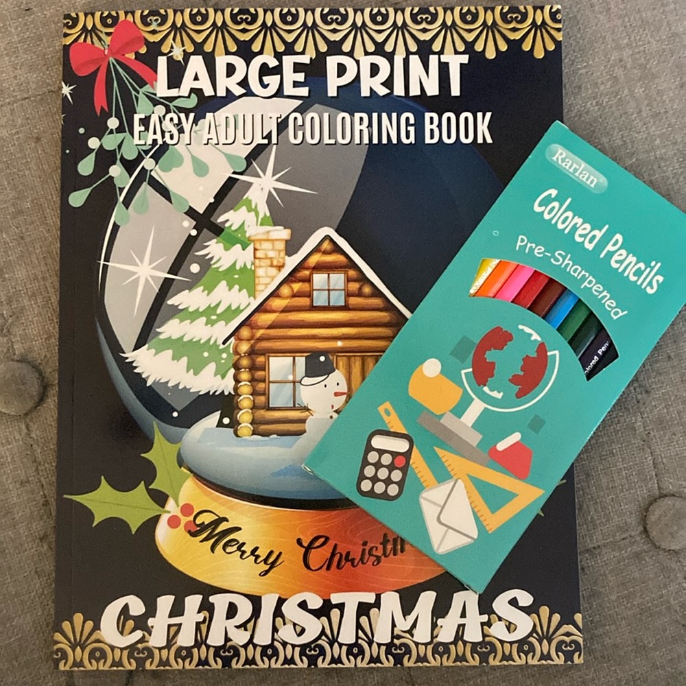 Large print easy adult coloring book and colored pencils set (12) NEW Christmas